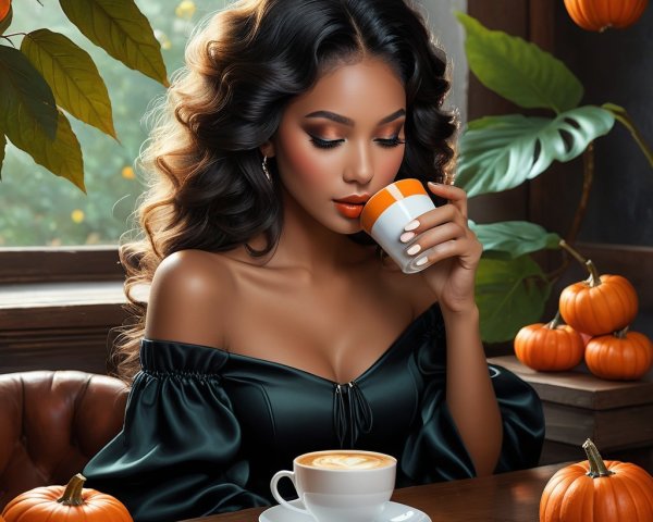 Stylish Woman Enjoying Coffee Surrounded by Pumpkins