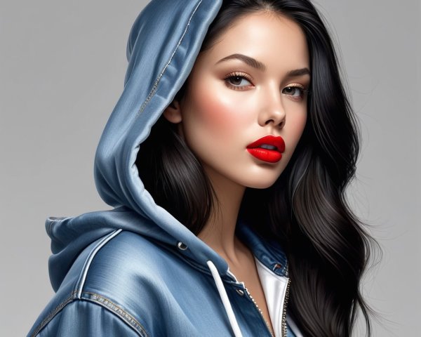 Young woman in blue hoodie with black hair and red lips