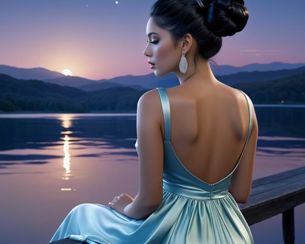 Woman in Blue Dress by Tranquil Lake at Twilight