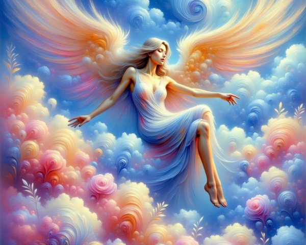Angel with Iridescent Wings in Pastel Sky Setting