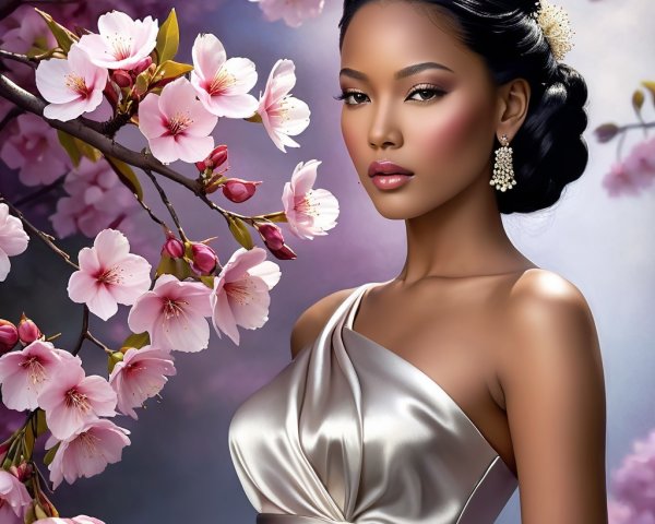 Elegant Woman Among Cherry Blossoms in Pastel Setting