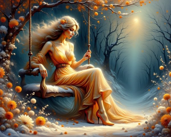 Goddess-like Woman on Swing Surrounded by Flowers