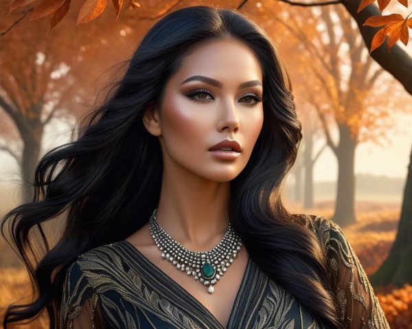 Woman in Dark Dress Amidst Autumn Foliage