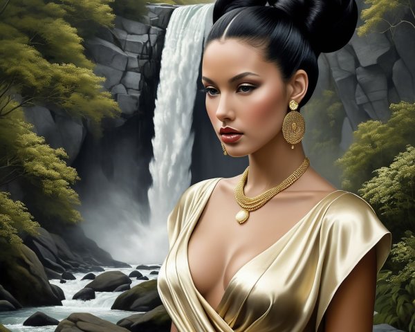 Woman in Golden Dress by Majestic Waterfall