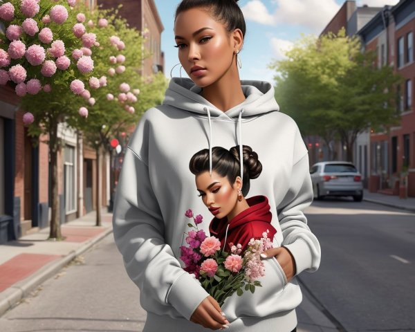 Stylish woman in gray hoodie on quaint street with flowers