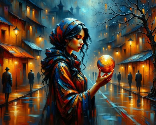Woman with glowing orb in a rain-soaked street scene