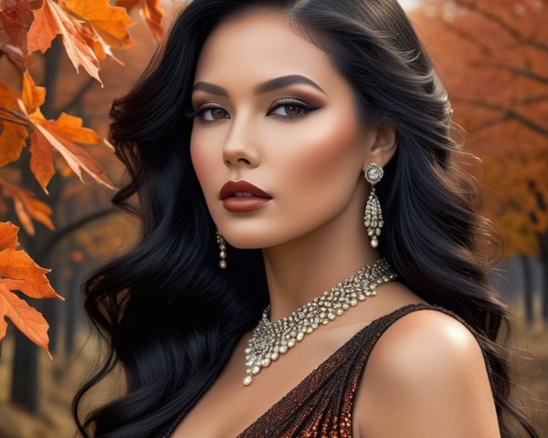 Elegant Woman in Glittering Gown Among Autumn Leaves
