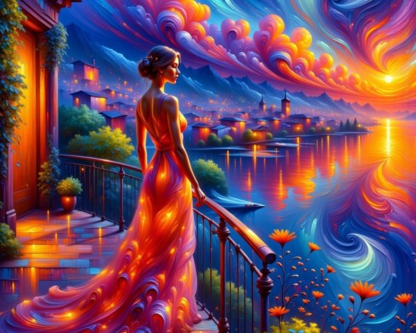 Vibrant Sunset Over Serene Lakeside with Woman in Red Dress