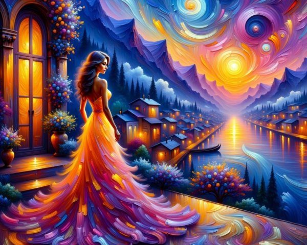 Woman in Multicolored Gown by Picturesque Lake at Sunset