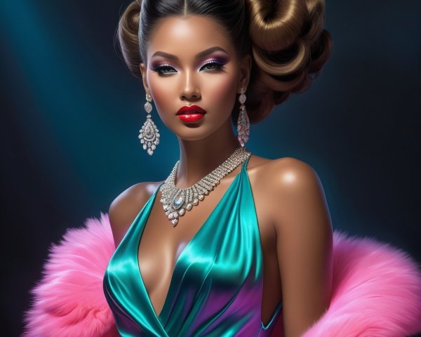 Glamorous Woman in Teal Dress with Elegant Accessories
