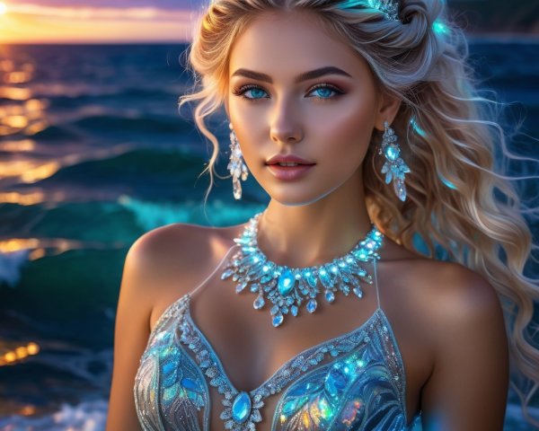 Elegant Woman in Ocean Sunset with Sparkling Gown