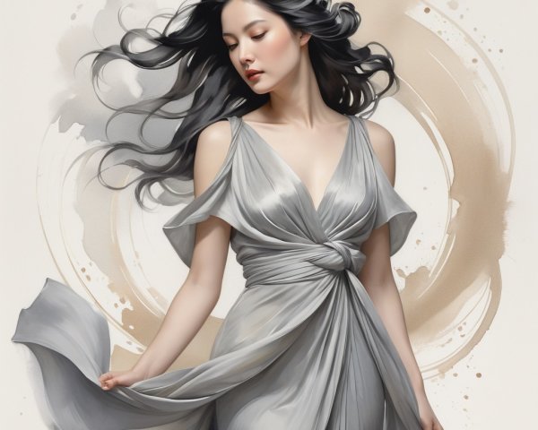Elegant Woman in Flowing Light Gray Dress with Abstract Background