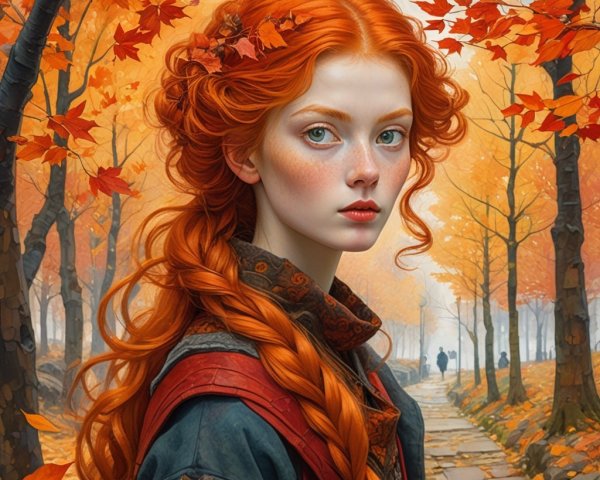 Autumn Landscape with Young Woman and Golden Leaves