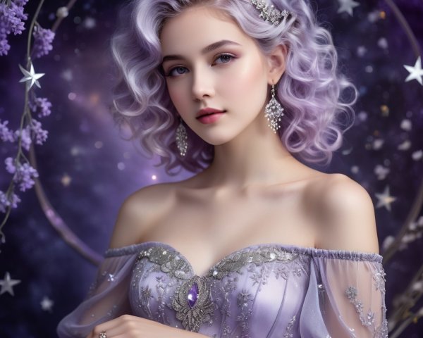 Young woman in lavender gown against cosmic backdrop