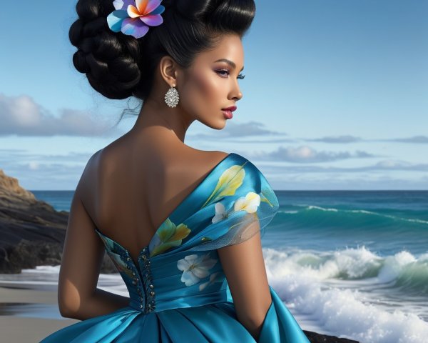 Woman in Blue Gown at Scenic Beach Setting