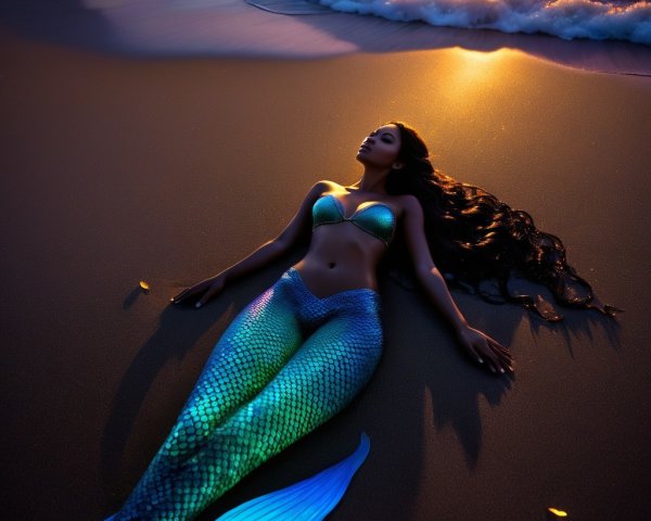 Mermaid on Sandy Beach at Sunset with Turquoise Scales