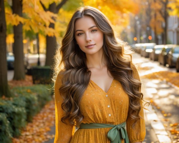 Young Woman in Mustard Dress on Tree-Lined Street
