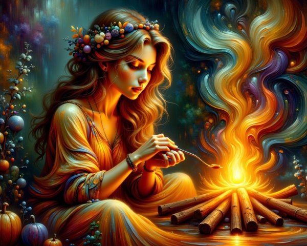 Young Woman by Campfire in Autumn Setting