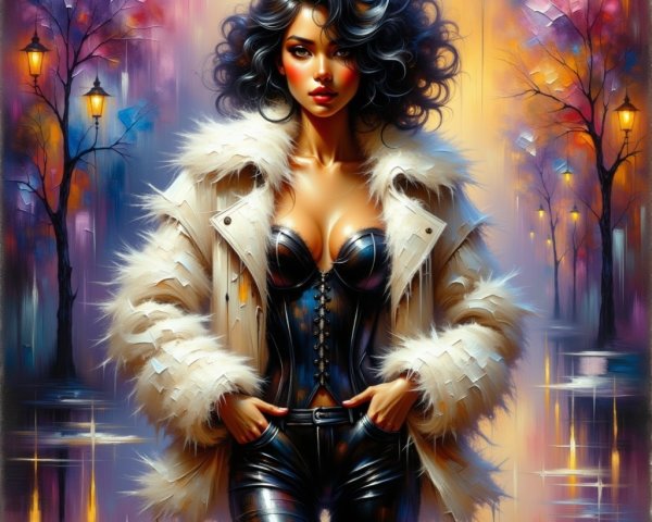 Glamorous Woman in Abstract Cityscape Painting