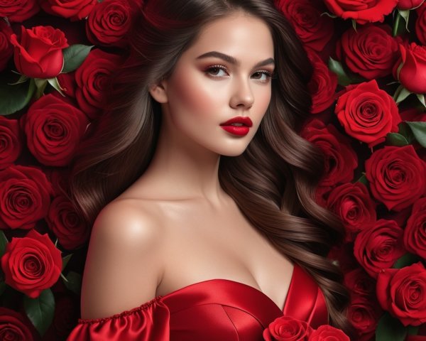 Young woman in red dress poses with roses backdrop