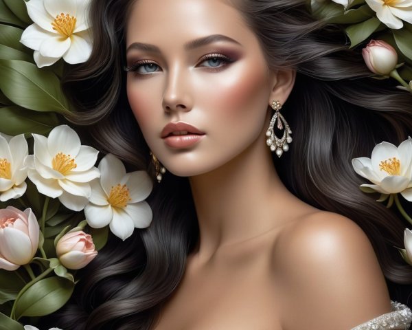 Close-Up of Young Woman with Flowers and Earrings