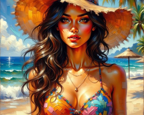 Oil Painting of Young Woman on Beach with Palm Trees