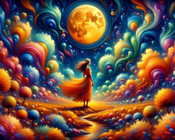 Vibrant Landscape with Woman and Glowing Moon