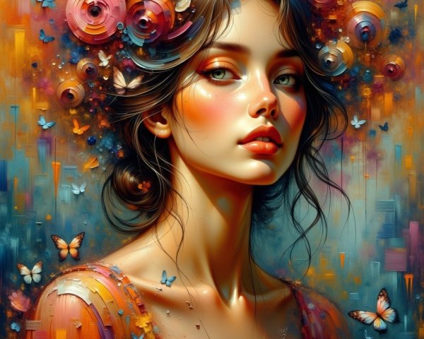 Portrait of a Young Woman Surrounded by Butterflies