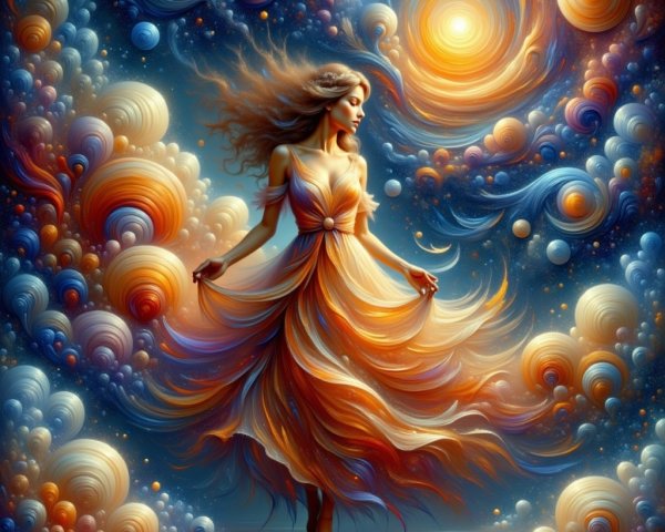 Whimsical Woman in Vibrant Dress Among Cosmic Colors