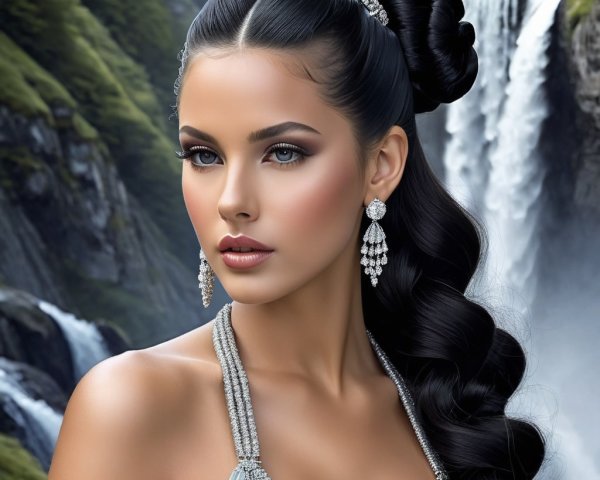 Elegant Woman in Silver Gown by Waterfall Background