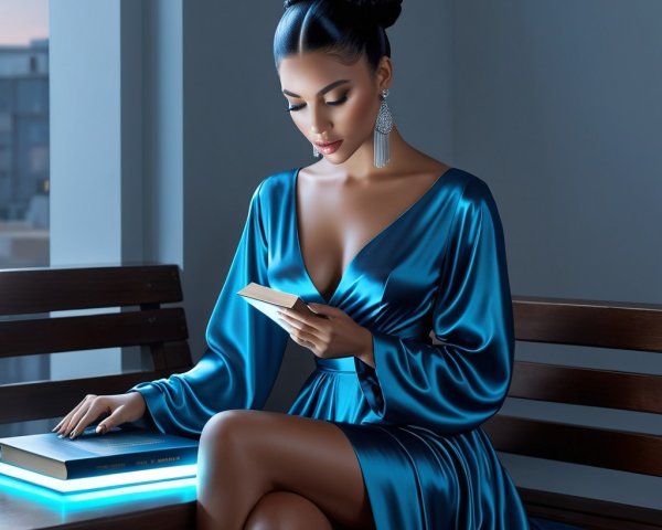 Elegant Woman in Deep Blue Gown by Window Reading