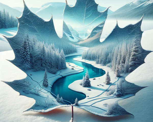 Winter Landscape Framed by Intricate Maple Leaf Design