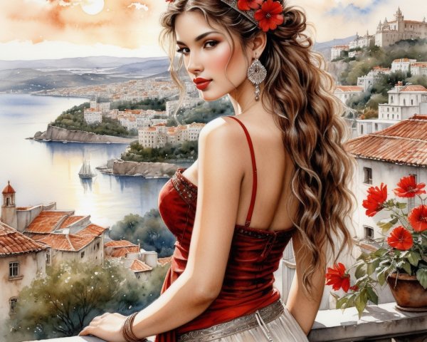 Woman in red dress on balcony overlooking coastal town