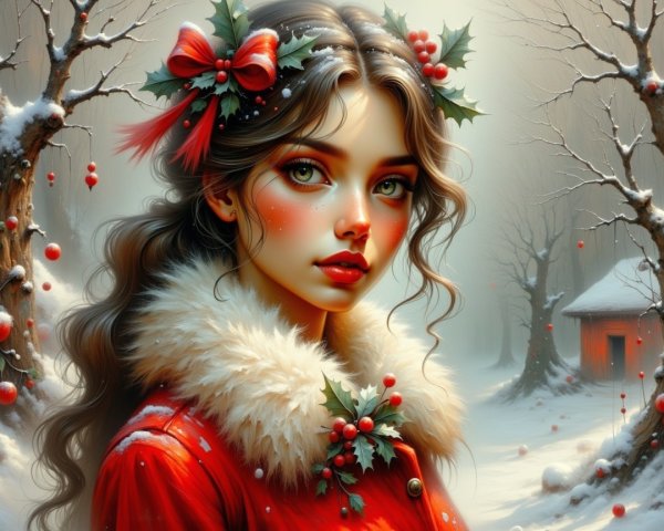 Christmas-Themed Digital Painting of a Young Woman