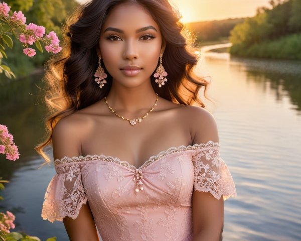 Young Woman in Pink Gown by Serene River at Sunset