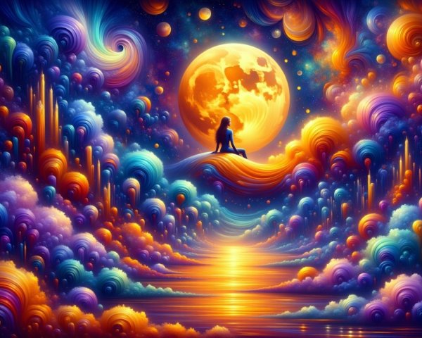 Surreal Landscape with Colorful Sky and Glowing Moon