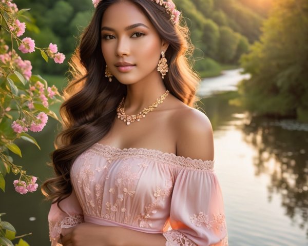 Young woman in pastel gown by serene river at sunset