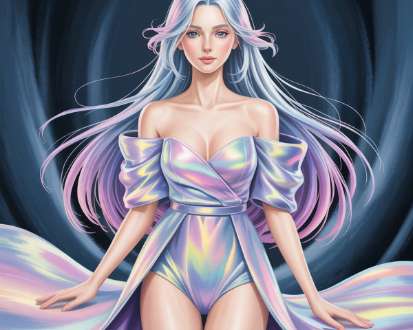 Female figure in iridescent bodysuit with pastel hair