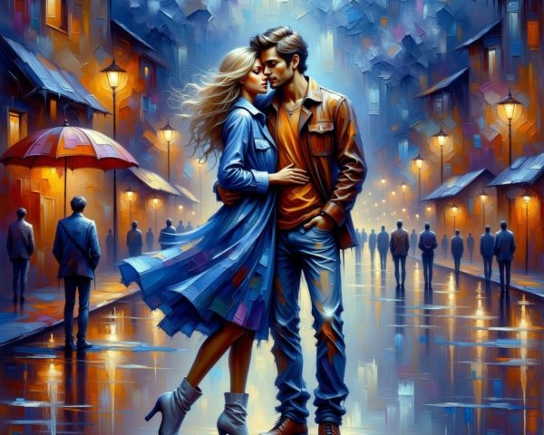 Impressionistic Painting of a Couple Embracing in Rain