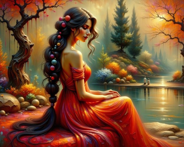 Autumn Landscape with Woman in Red Dress by River