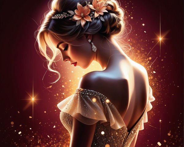 Elegant Woman in Shimmering Gown with Floral Hairpiece