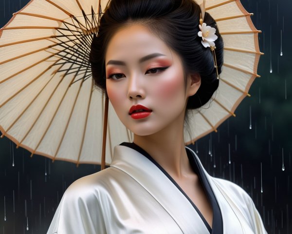 Serene Young Woman in Traditional Attire with Umbrella