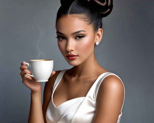 Elegant Woman in Satin Dress with Coffee and Buns