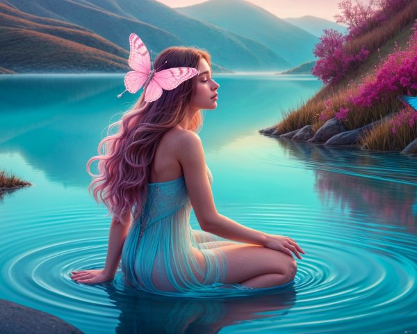 Tranquil Lake Scene with Colorful Flora and Butterflies