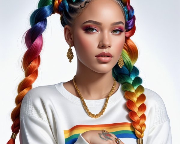 Young woman with colorful braids and bold makeup