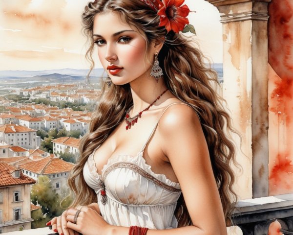 Young Woman in White Dress on Balcony with Cityscape
