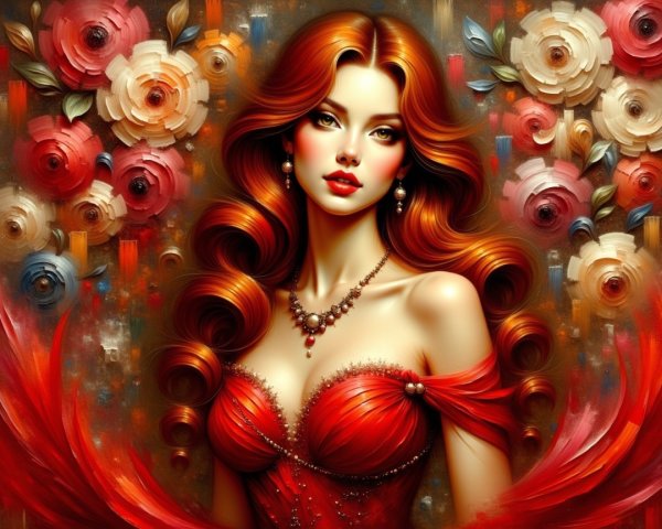 Elegant Woman in Red Dress Among Vibrant Roses