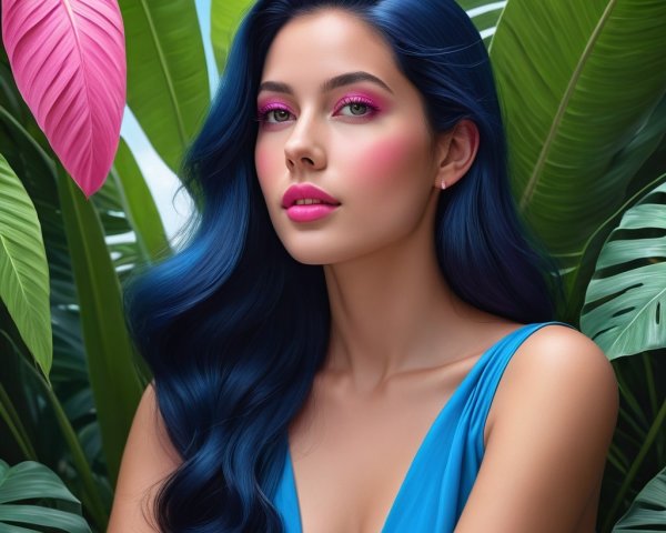 Stunning woman with blue hair in tropical setting