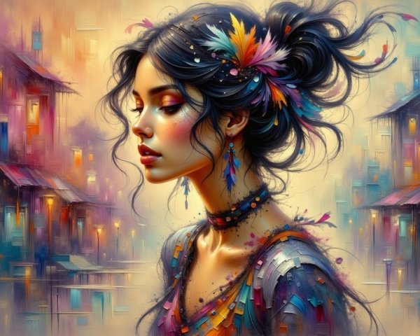 Vibrant Portrait of Woman with Feathers and Flowers