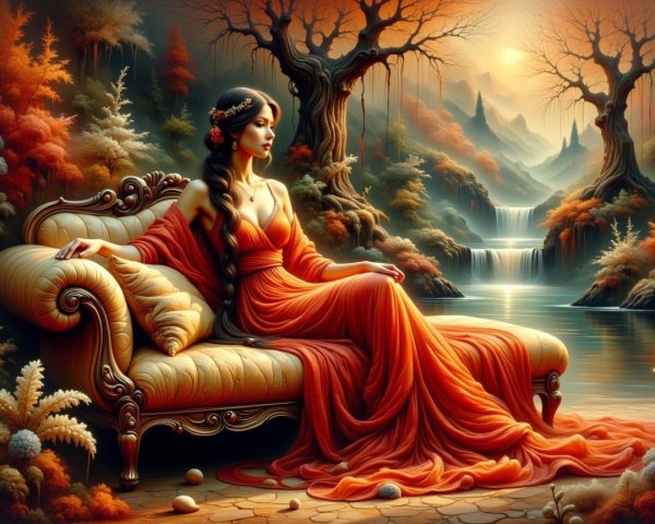 Woman in Red Gown in Autumn Landscape Setting